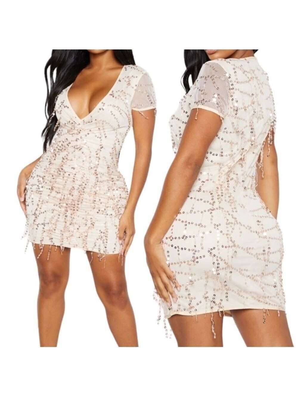 PrettyLittleThing nude mesh ruched sequin mini dress beige party Sz 4